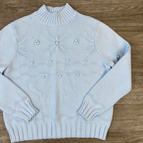 Vintage Croft and Barrow Blue Poinsetta Knitted Mock Neck Pullover Sweater (XL) - Picture 8 of 12
